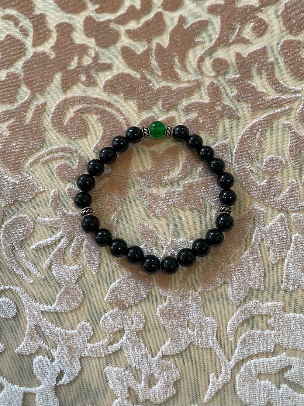 Vintage Black Beaded Stretch Bracelet with Emerald Accent Stone
